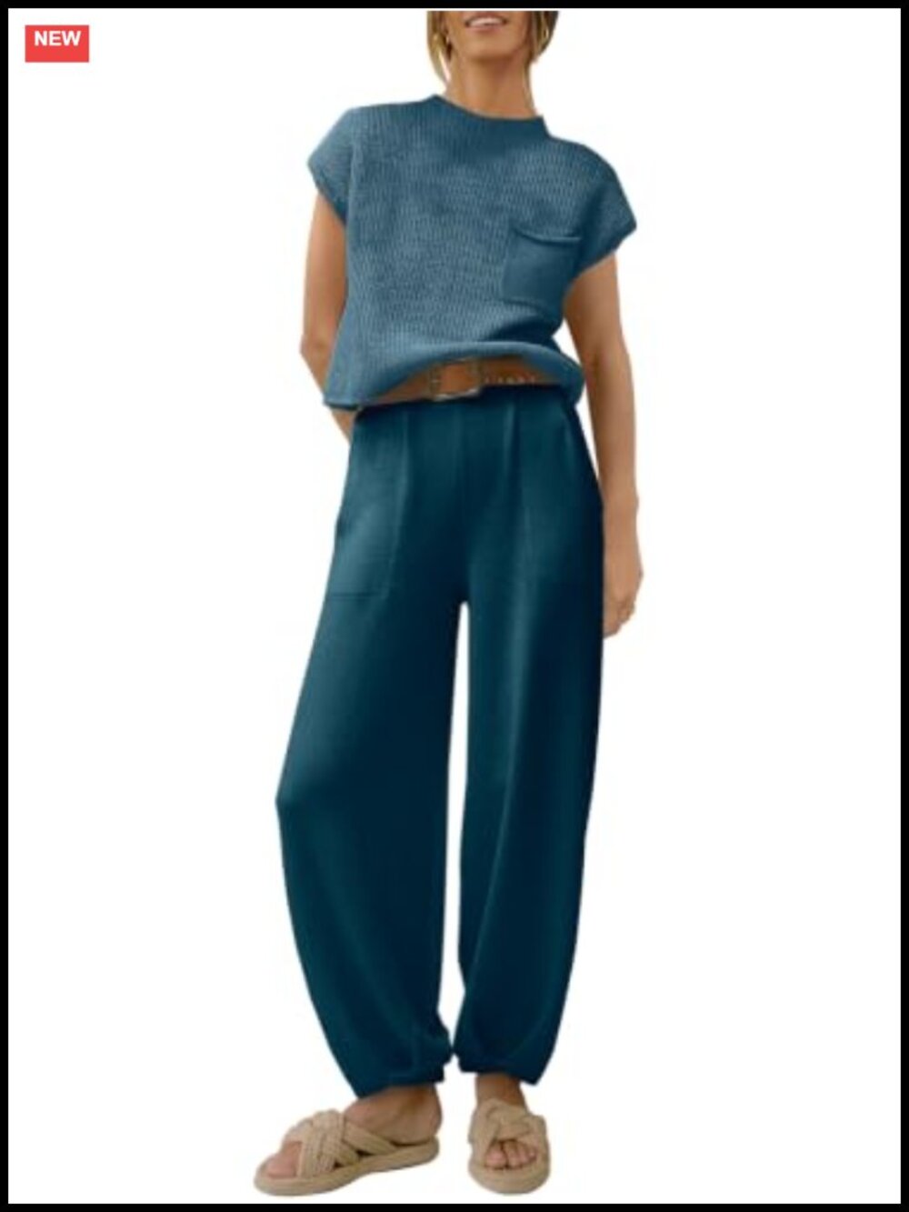 Two Piece Lounge Set Cap Sleeve Crop Top High Waist Knit Pants Rayon